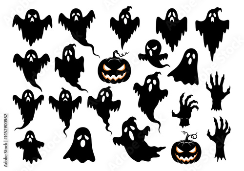 Halloween ghosts pumpkins and hands silhouettes vector illustration for spooky season design
