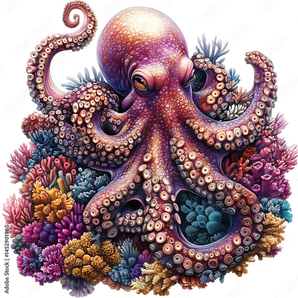Obraz premium Cartoon Octopus Hiding in Coral Oceanic Blues Isolated on Transparent Background