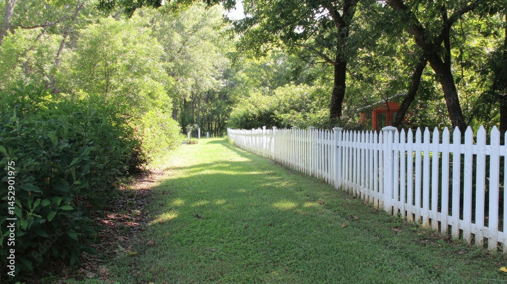 Sunlit Garden Path with White Picket Fence, and Summer Serenity. Sunlit Garden Path with White Picket Fence, and Summer Serenity.