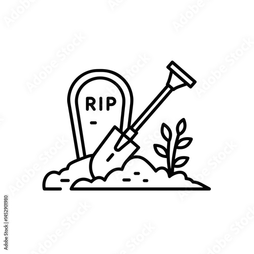 Grave digging icon with shovel and tombstone against soil  