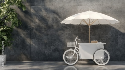 Stylish White Bicycle Food Cart with Urban Cafe Scene.