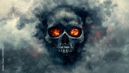 Dark skull shrouded in ominous smoke and flames.