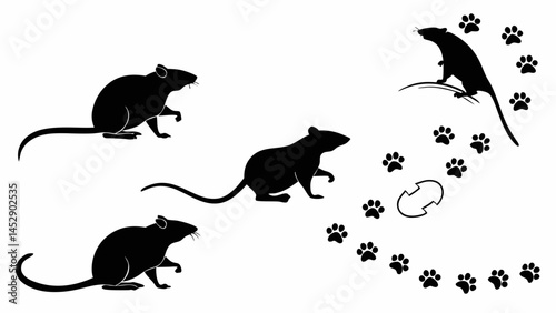 Black rat silhouette vector art with paw prints and bait for pest control and animal illustration design