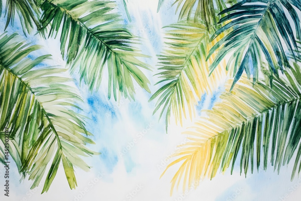 Fototapeta premium Watercolor Sunlight Through Lush Tropical Palm Leaves - Tranquil watercolor painting of palm fronds, sunlight, and blue sky. Symbolizing serenity, summer, vacation, paradise, and nature's beauty