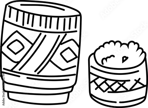 Thai Sticky Rice Basket Hand-Drawn Illustration of Traditional Food Container

