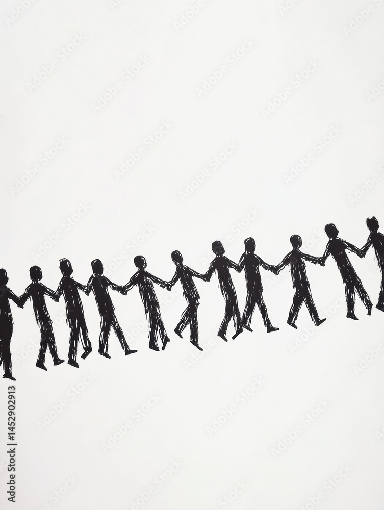 Minimalist abstract design of a human chain holding hands, representing unity and connection through art and creativity in a black and white vector style Minimalist abstract design of a human chain holding hands, representing unity and connection through art and creativity in a black and white vector style
