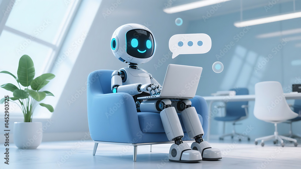 Naklejka premium Artificial intelligence robot character – happy 3D chatbot icon isolated on white. Funny tech bot, trendy assistant, GPT mascot for support services