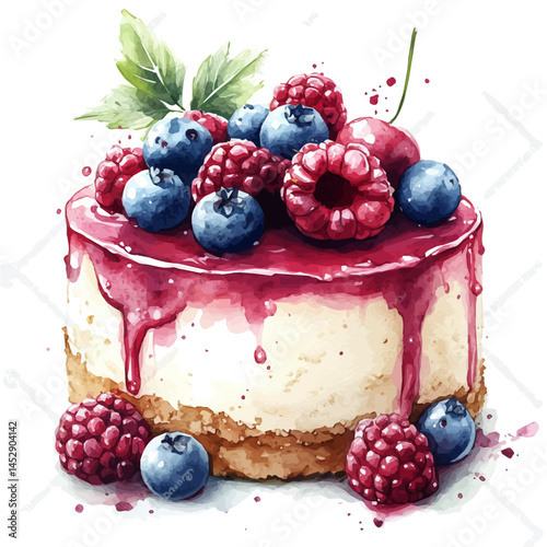 watercolor of Cheesecake Topped With Berries, vector, isolated on a white background.