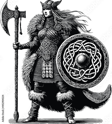 Viking Maiden Vector Silhouette Design, Norse Warrior Woman Clipart for T-Shirts and Wall Art, Shieldmaiden Illustration Cricut Cut File, Historical Viking Female Hero for Decor, Tattoo, and Prints