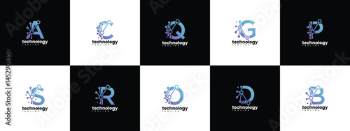Collection of monogram letter technology logo design templates. Letter D technology connection logo template.