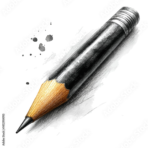illustration of Charcoal Sketching Pencil With Eraser, watercolor vector, isolated on a white background.