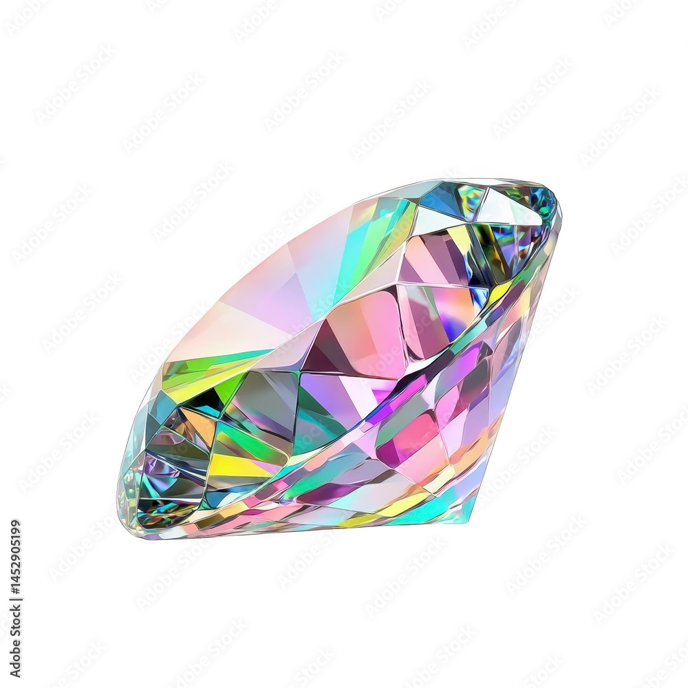 Fototapeta premium Colorful, multifaceted gemstone with prism effect reflects vibrant hues, creating dazzling display of light and color. gem intricate cuts enhance its brilliance and sparkle