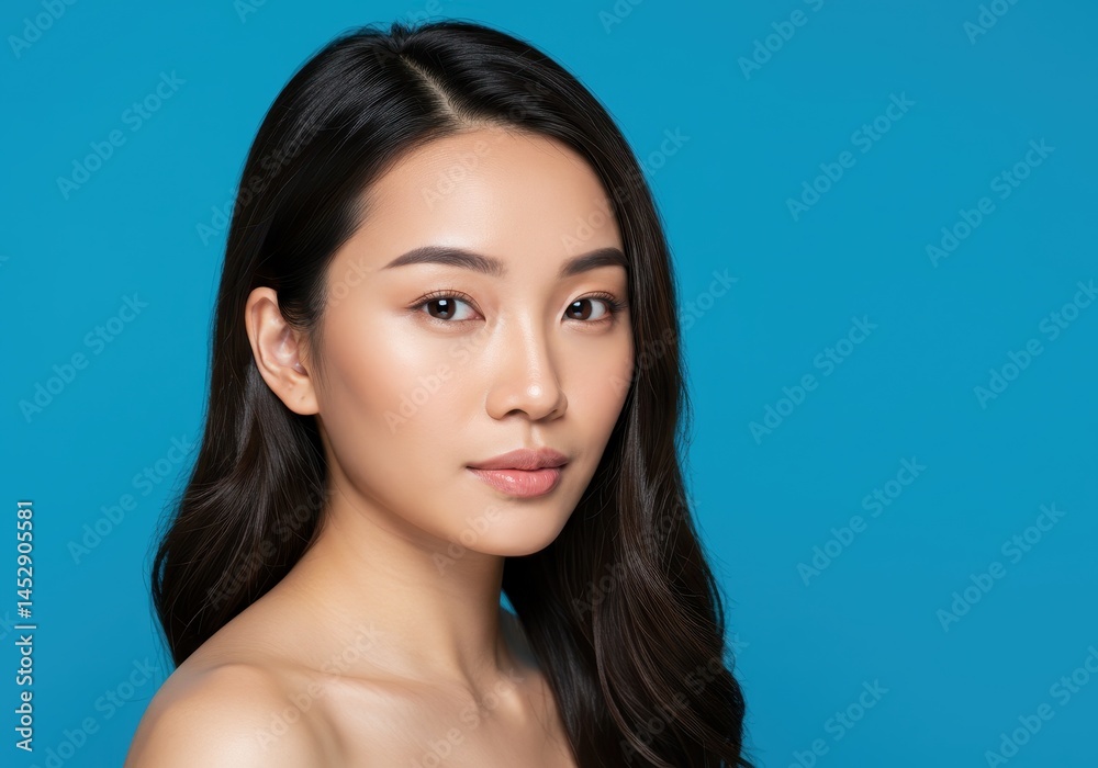 Fototapeta premium Beautiful asian woman portrait with long dark hair against a vibrant blue background skin face eyes
