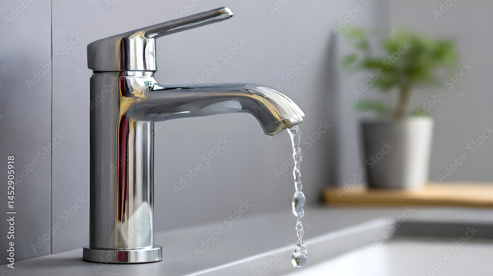 Modern chrome faucet with running water in a clean bathroom interior Modern chrome faucet with running water in a clean bathroom interior