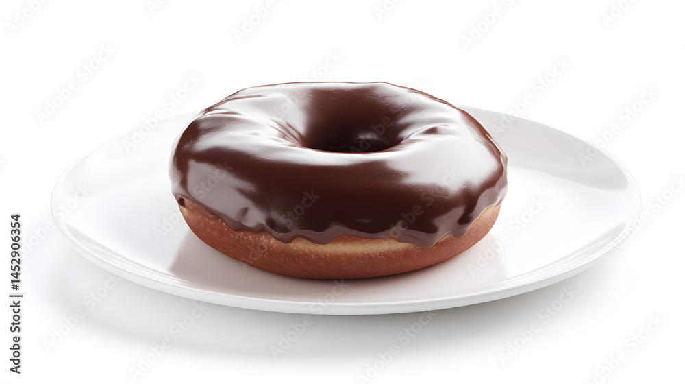 Fresh Chocolate Ganache Donut on a Clean White Ceramic Plate Against a Bright Background Fresh Chocolate Ganache Donut on a Clean White Ceramic Plate Against a Bright Background