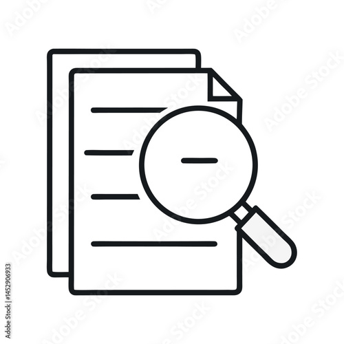  A minimalist line art vector icon of a magnifying glass over documents, representing research, investigation, analysis, and information retrieval. Suitable for websites, apps, and user interfaces rel