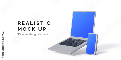 Modern Laptop And Smartphone Mockup With Blank Blue Screens On White Background, Perfect For Web Design, App Development, And Technology Branding. Vector