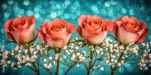 Close-up of  three peach-colored roses and small flowers.