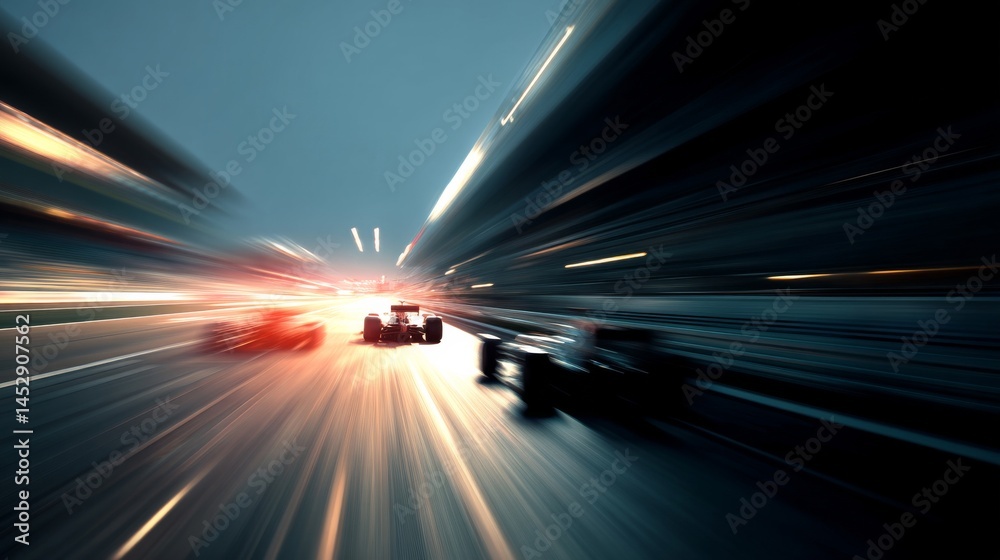 Naklejka premium Formula one cars competing for the lead, captured with motion blur creating high speed sense.