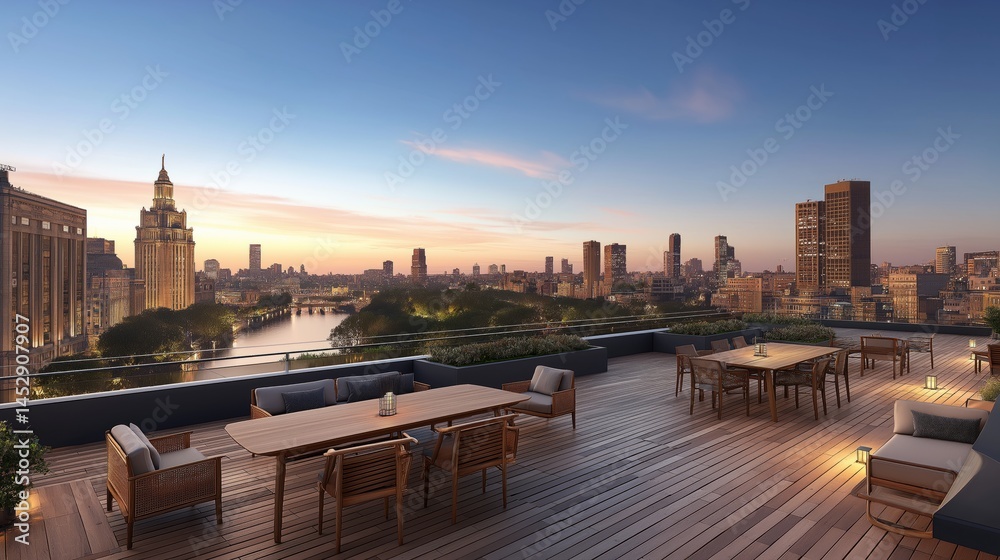 Obraz premium Rooftop Terrace with City View at Sunset: A luxurious rooftop terrace offers breathtaking panoramic views of a cityscape at sunset.