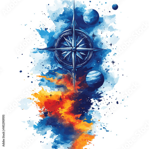 watercolor of Celestial Compass With Orbiting Planets, vector, isolated on a white background.