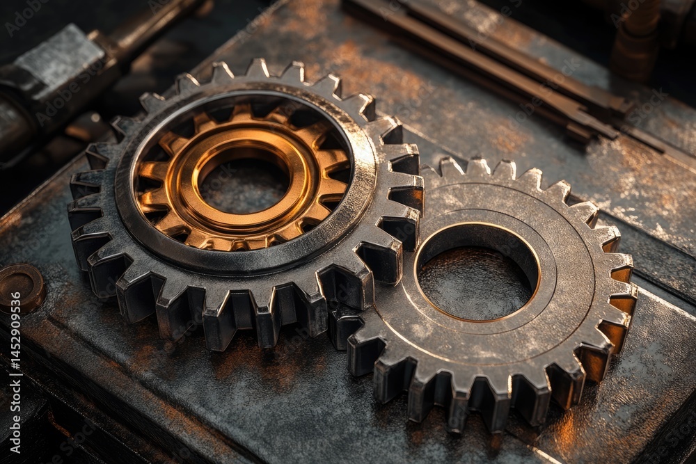 Two metal gears with intricate teeth sit on a rustic metal surface, reflecting light and showing aged texture. Two metal gears with intricate teeth sit on a rustic metal surface, reflecting light and showing aged texture.