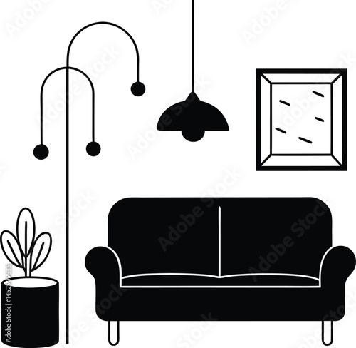 surreal dreamy living room scene with floating sofa vector art illustration.