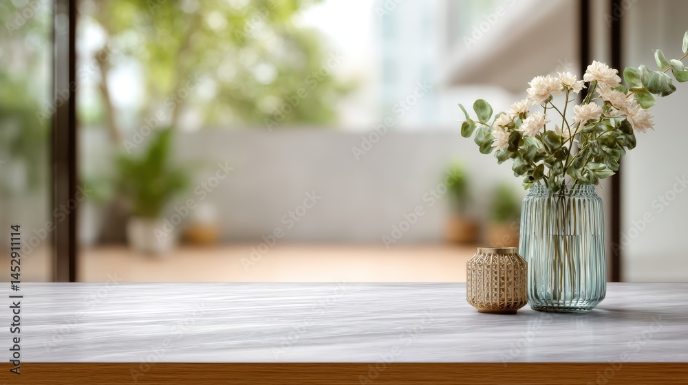 Fototapeta premium Blank wooden table and flower in homey green house background, product montage ads.