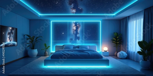 Modern Bedroom with Starry Sky and Neon Lights