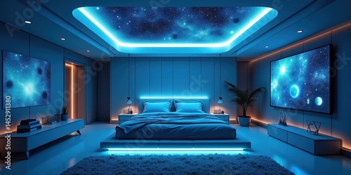 Modern Bedroom with Cosmic Ceiling and Blue Lights