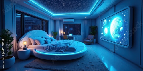 Futuristic Bedroom with Ambient Lighting and Art