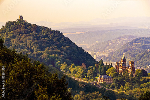 Fototapeta View to Drachenburg and Drachenfels near Koenigswinter in a painting style like