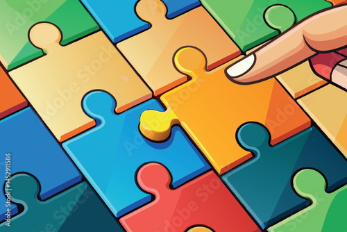 hand placing a colorful puzzle piece, symbolizing problem solving, creativity, and teamwork in a vibrant, abstract design