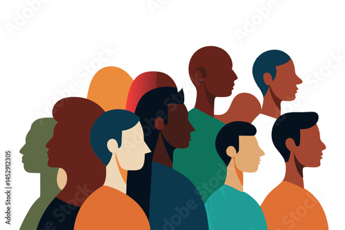 diverse group of silhouettes with overlapping profiles, showcasing diversity and unity in a flat modern design