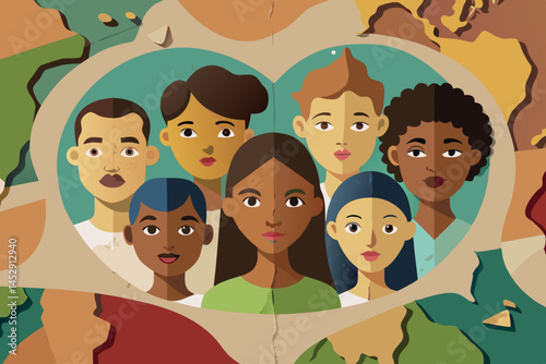 Diverse group of people with colorful profiles and world map illustration representing unity, multiculturalism, and global connections