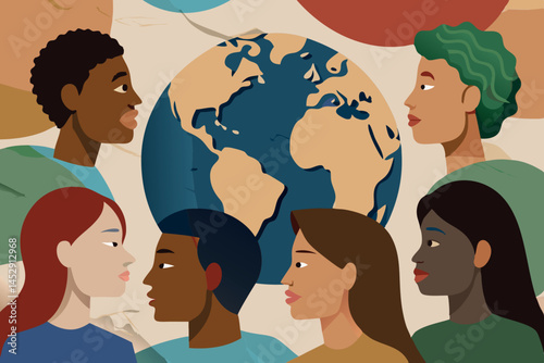 overlapping human silhouettes representing global unity, diverse cultures, and collaboration across borders and identities