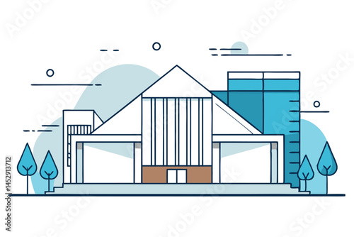 contemporary architectural illustration of a building with geometric shapes and minimal design on a white background