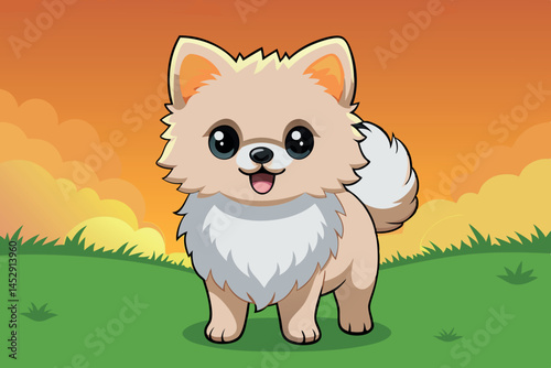 fluffy pomeranian dog with big eyes and a playful demeanor, standing on green grass with a colorful sunset background, ideal for cute pet designs