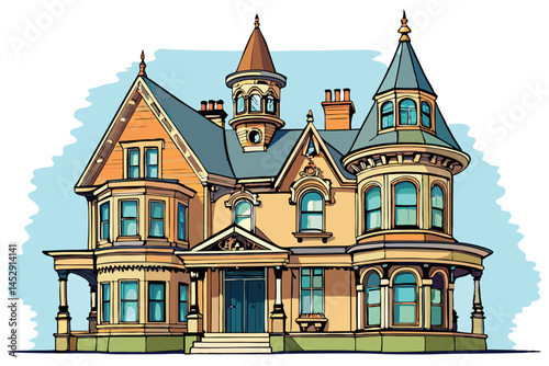 grand Victorian style house with ornate architectural design, featuring turrets, large windows, and intricate roof details