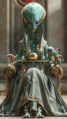 Graceful alien queen in ornate robes sits on a golden throne holding a mystical orb with a baby dragon perched beside her