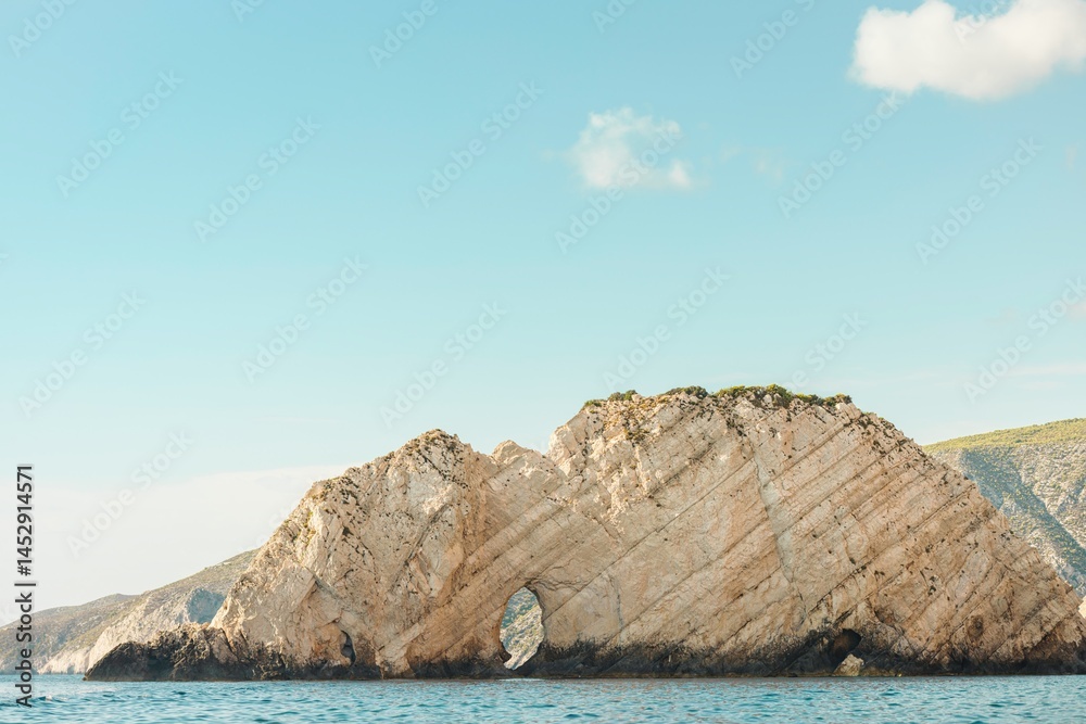 Naklejka premium Discover the vibrant charm of Zakynthos, where majestic cliffs meet azure waters, and visitors delight in the island's enchanting beaches and rich cultural experiences