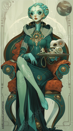 Stylized alien queen in ornate teal gown sitting on throne offering tea to robotic animals in futuristic art nouveau scene