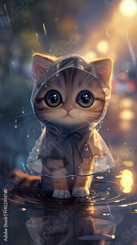 Cute wide-eyed cartoon kitten wearing a transparent raincoat standing in a puddle under the rain at dusk
