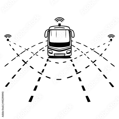 Public bus navigating through a smart city icon vector.