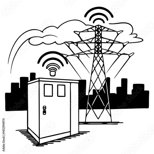 Power grid station with transformer box, electric tower and energy lines icon vector.
