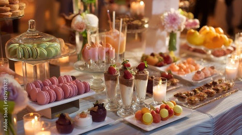 Wallpaper Mural An elegant dessert table features an assortment of sweet treats, fruits, and beverages at a party. Torontodigital.ca