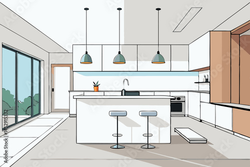 Modern kitchen interior with a minimalist design, featuring white cabinetry, island, and large windows for a clean and open feel
