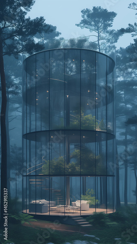 Futuristic circular glass house with spiral staircase, surrounded by dense forest, featuring plants and minimal interior lighting