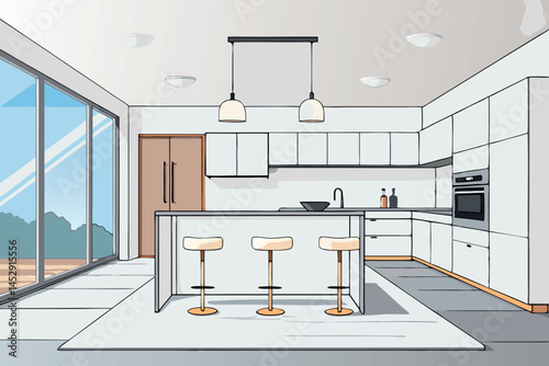 modern kitchen interior with minimalist design, featuring sleek white cabinetry, island seating, and contemporary lighting