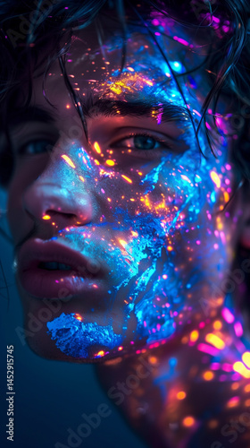 Portrait of a young man with vibrant UV body paint and glowing neon patterns illuminating his face in the dark